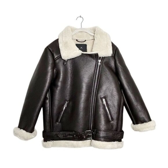 WITHBLACK Women's Faux Leather Shearling Aviator Jacket in Black - Sz M - NWT - Picture 3 of 11